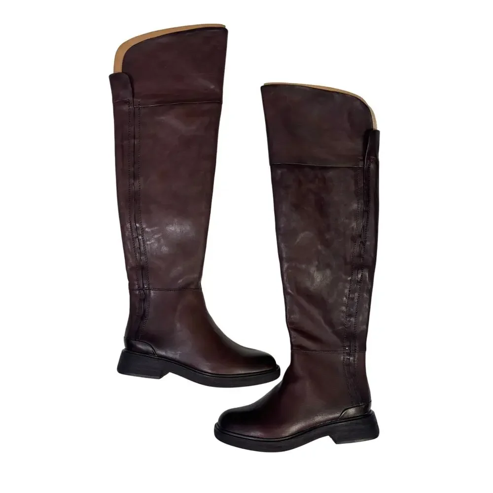 Franco Sarto Brown Leather Over The Knee Riding Boots 7.5M Wide Calf Battina